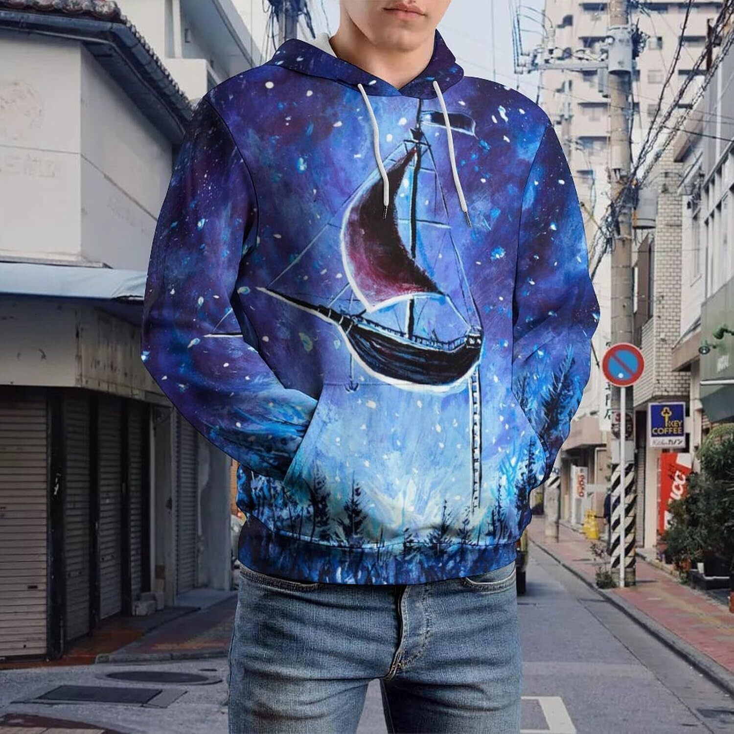 Hoodie for Mens Womens Flying An Old Pirate Ship Hoodies for Men 3D Print Pullover Hooded Drawstring Loose Sweatshirt with Big Pockets Graphic