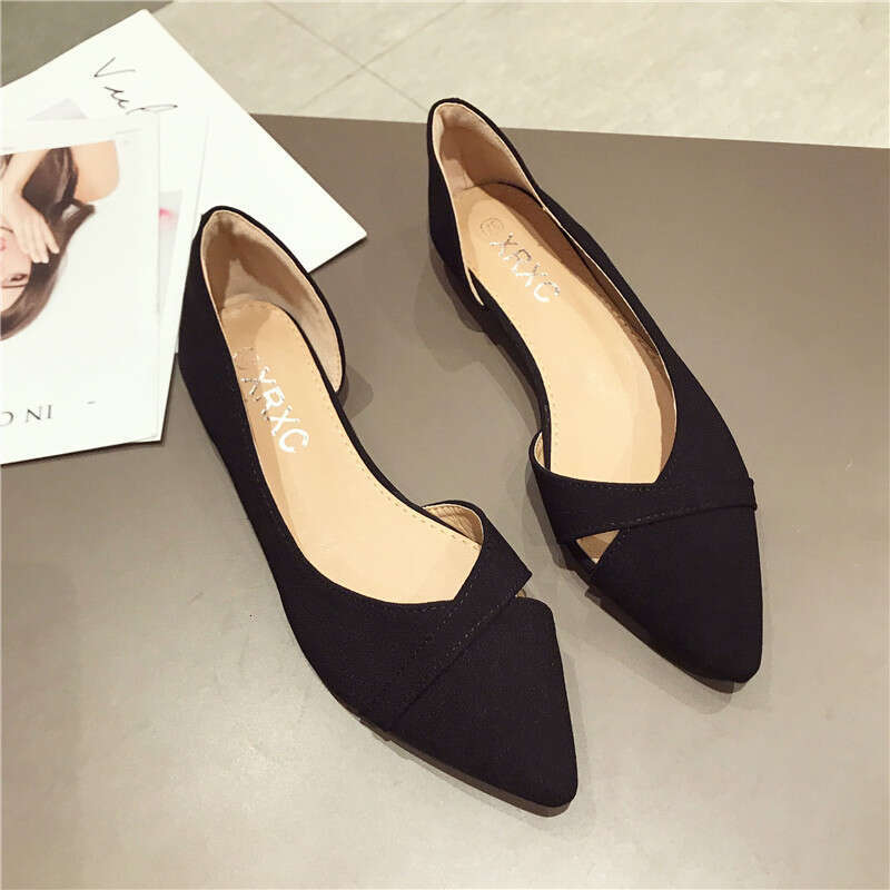 Comfortable And Versatile Pointed Shallow Mouth Black Suede With Soft Soles That Are Not Tiring, Flat Bottomed Professional Work Shoes For Women'