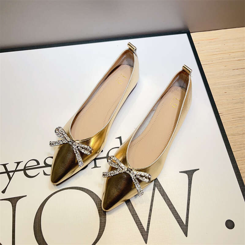 Korean Version Of Spring And Summer New Versatile Silver Shallow Mouth Single For Women, Pointed Soft Soled Flat Shoes, Rhinestone Butterfly Bow Scoop