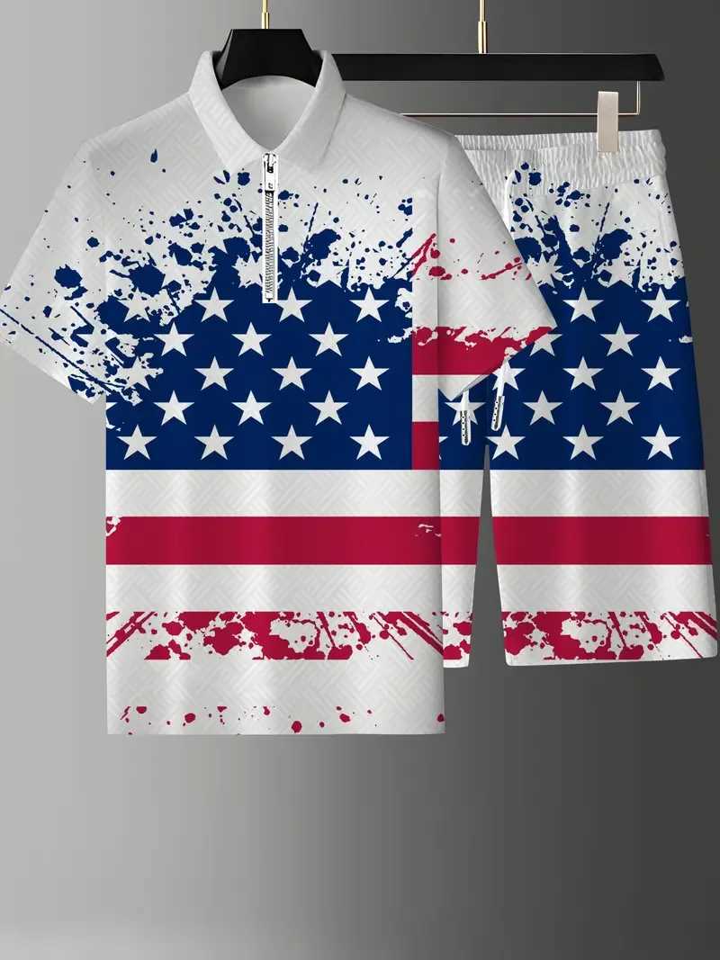 Zipper set summer mens 3D printed Australian flag pattern zipper shirt+shorts 2-piece unisex fashionable casual jacket W241104