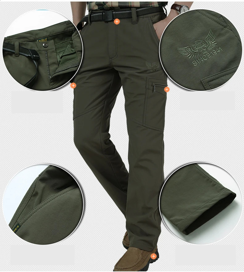 Warm Fleece Winter Pants Thicken Men Zipper Waterproof Work Casual Military Tactical Cargo Male Trousers 4XL 241105