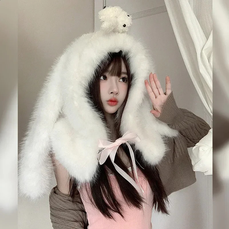 Womens Fur Balaclava Hat Cute Rabbit Ears Plush Winter Warm Thickened Anticold Scarf One Threedimensional Doll Cap 241105
