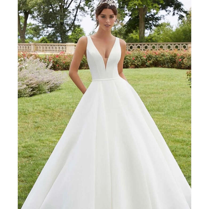 Simple Bohemian Elegant Plus Size A E Wedding Dresses Women V Neck Satin Backless Sweep Train Bridal Gown Second Reception Dress For Weddding Party Cu