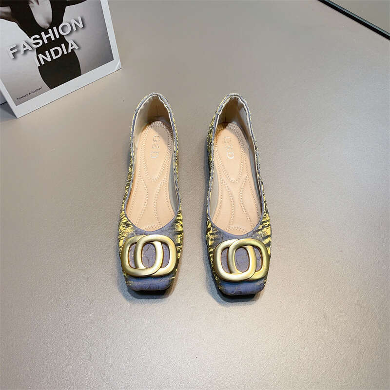 Evening Breeze Shallow Mouth Single Women's Korean Edition Spring And Summer New Style Metal Buckle Folded Silk Square Head Soft Bottom Flat Heel