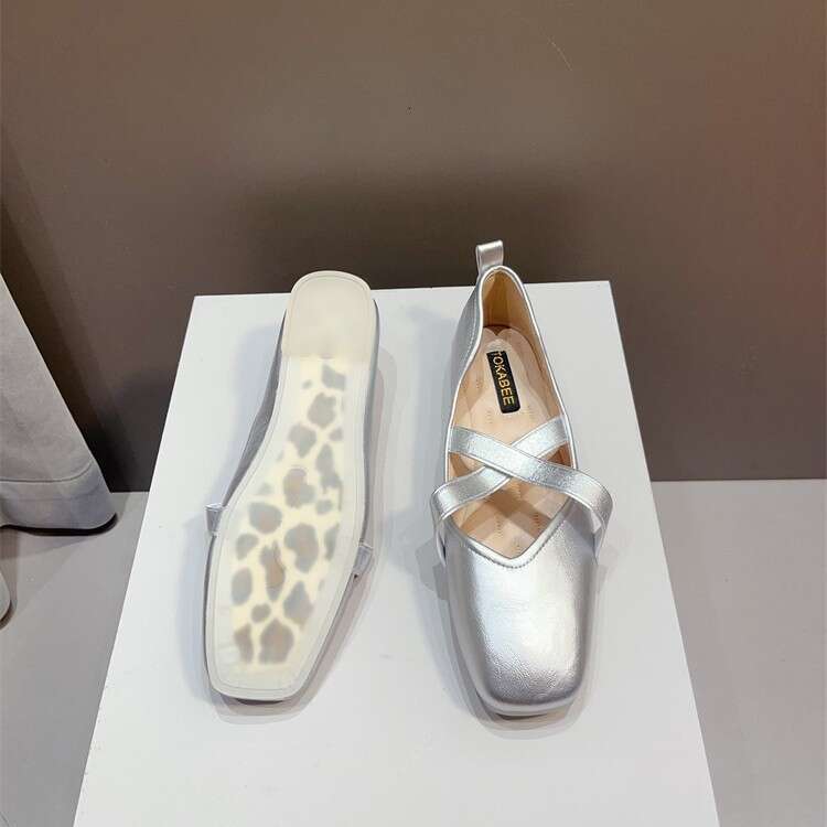 Gentle Silver Single Women's Korean Version New Spring And Autumn Soft Sole Square Toe French Shallow Mouth Ballet Mary Jane Flat Shoes
