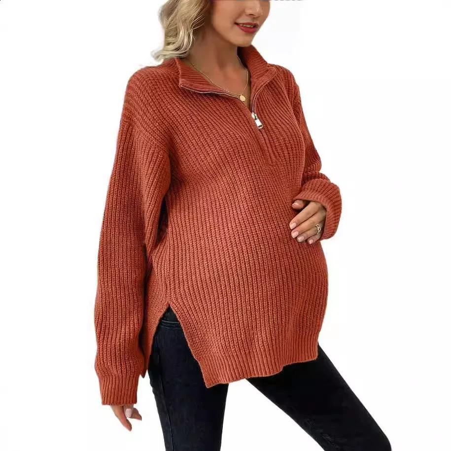 Retro fashion knitted sweater from the United States pregnant womens zipper side split oversized loose top suitable for pregnant women in autumn 24110