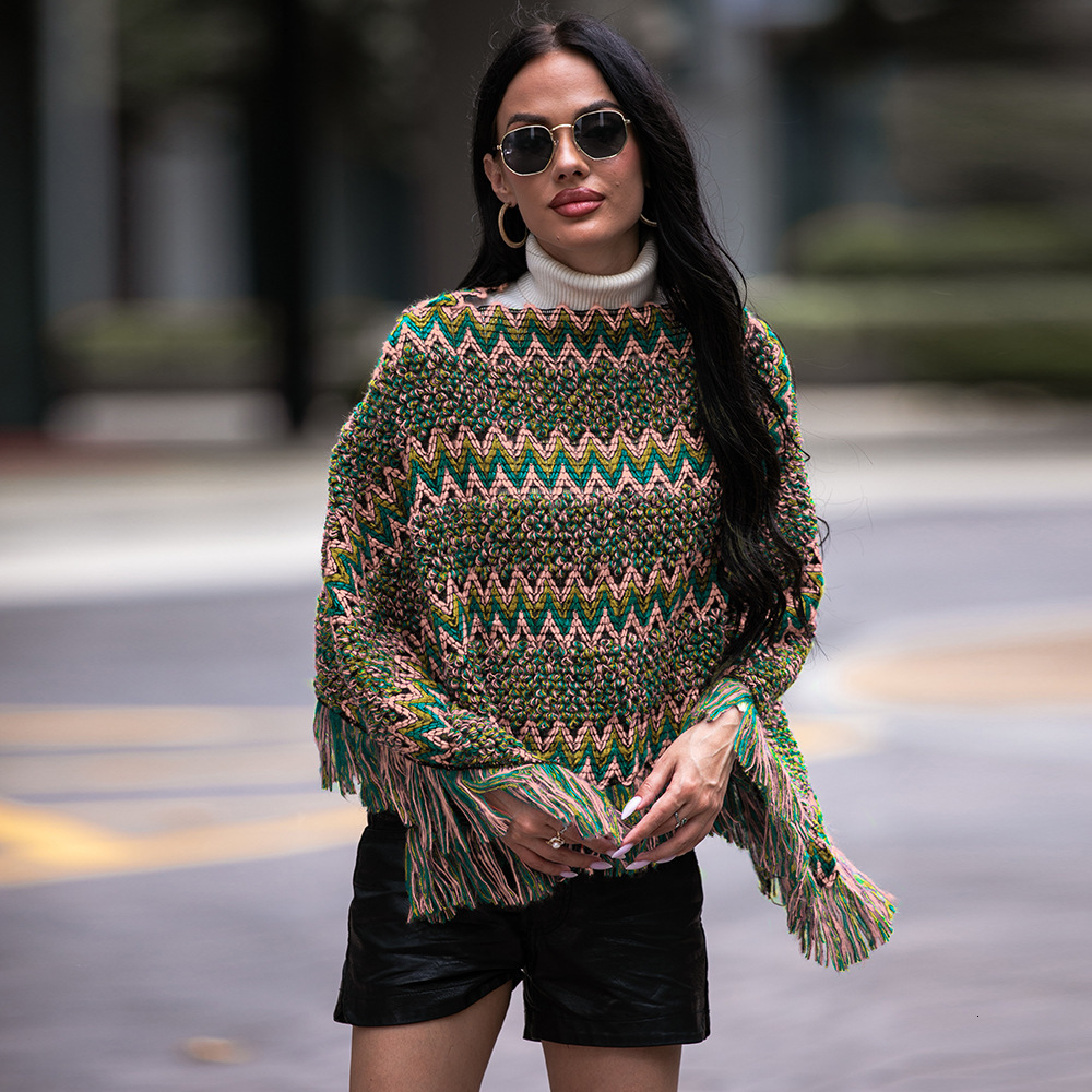Collar Cape Type Diagonal Grid Fringe Women Pullover Shawl Knitted Sweater women Sweaters Autumn Fashion Casual Loose Thick Harajuku Streetwear Knitwe