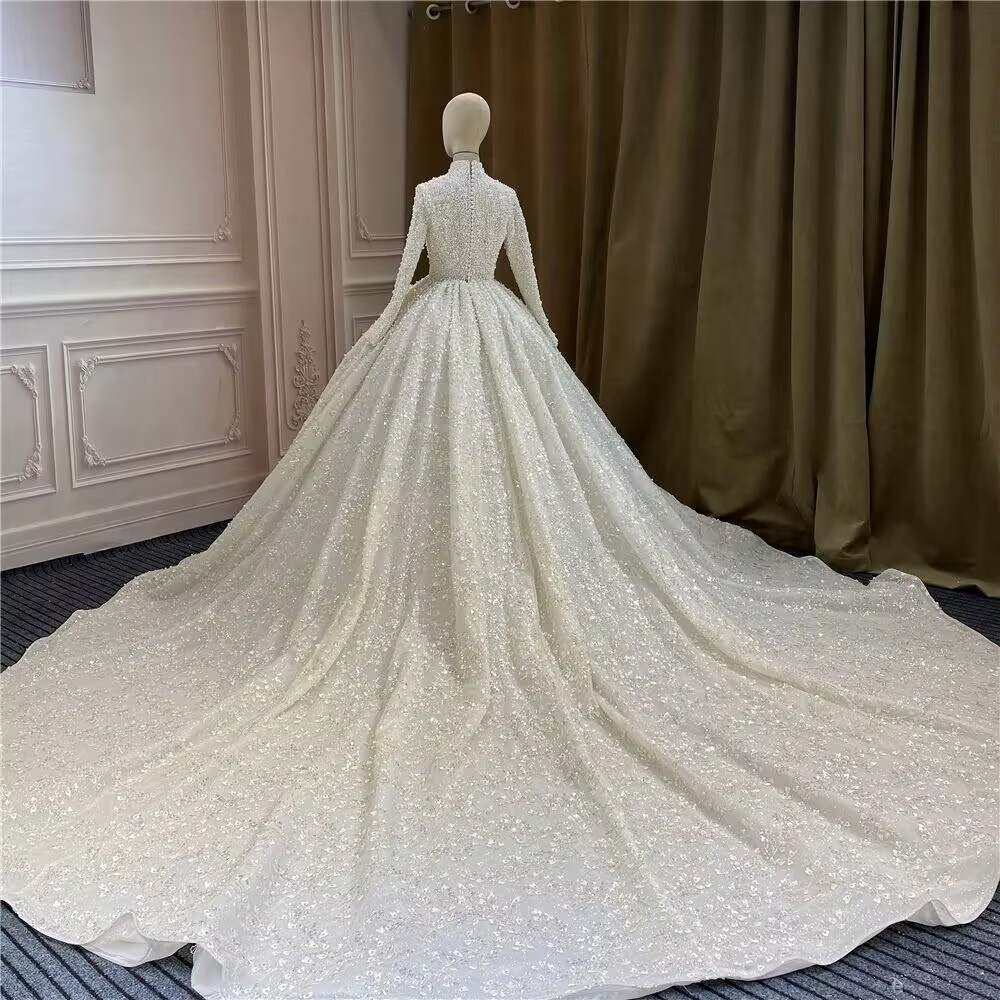 Ball Wedding Dresses High Neck Long Sleeves Bridal Gown Sequins Pearls Sweep Train Customized Dress Custom Made vestidos de novia