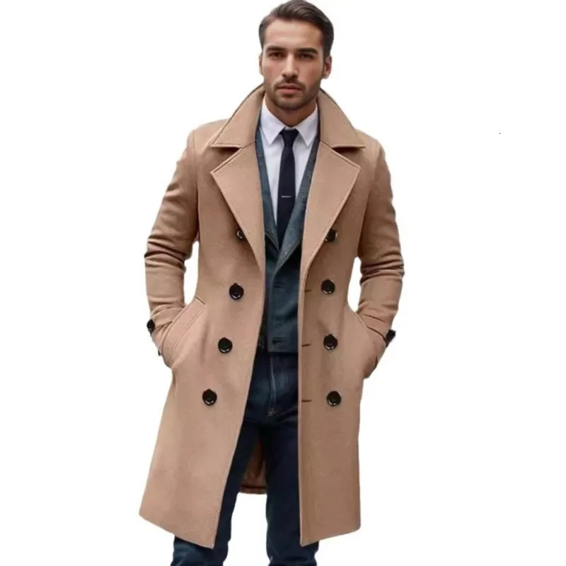 2024 Autumn and Winter High-quality Thick Long Double Breasted Mens Woolen Coat Slim Fit Woolen Coat 241104
