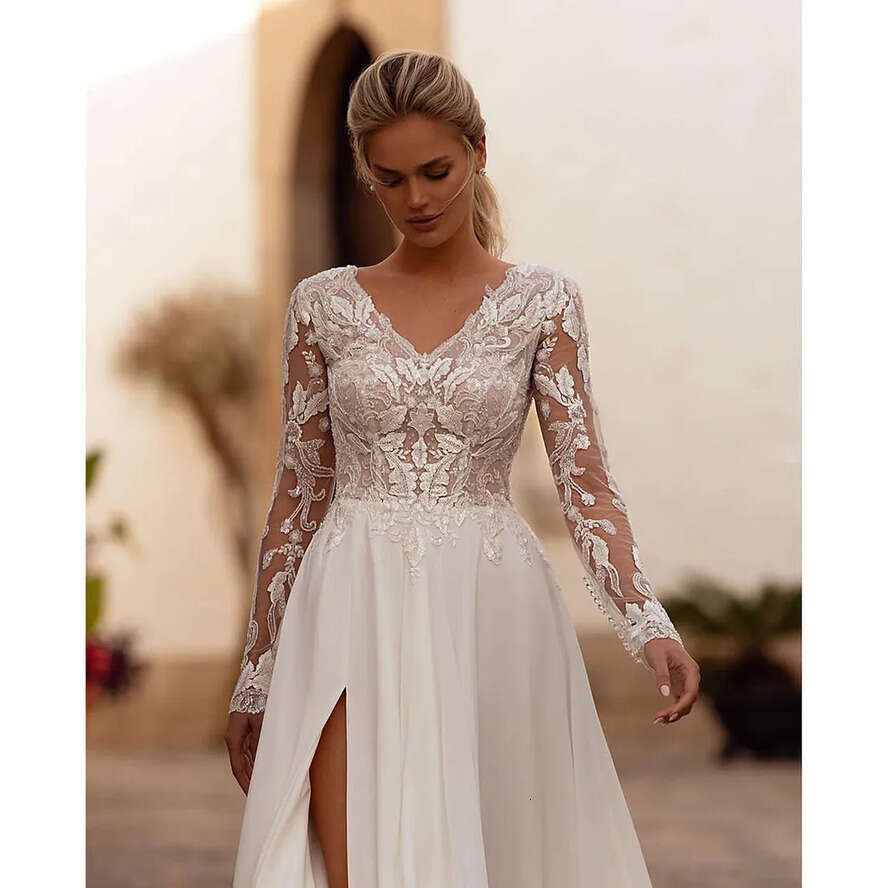 Sleeve Chiffon Long Ae Wedding Dress For Women Open Back Lace Boho V Neck Bridal Gown Robe De Soiree Mariage