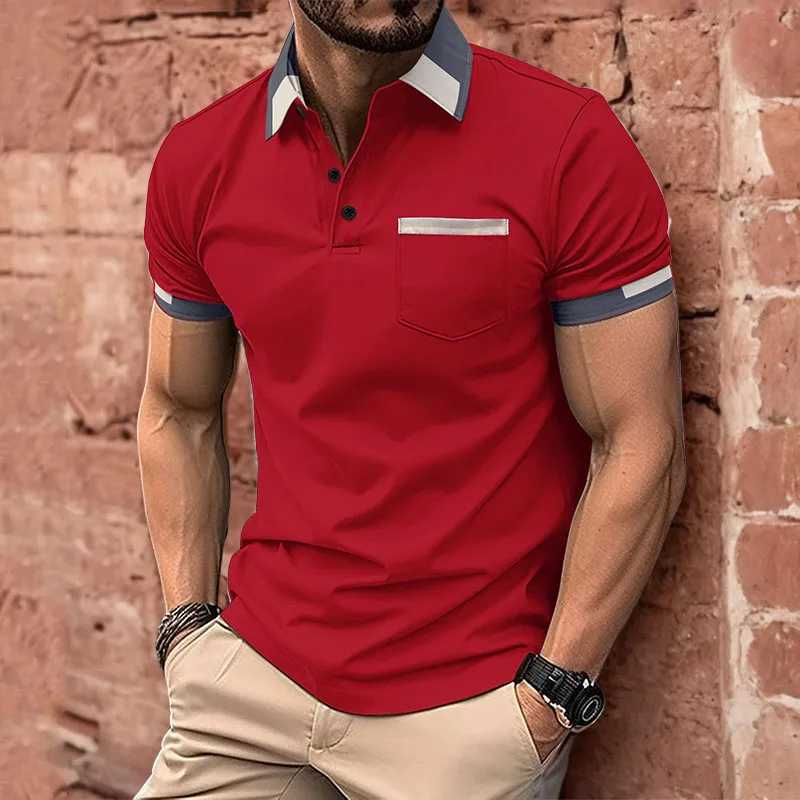 2024 new mens casual shirt chest pocket V-neck button stripe splicing solid color lapel mens slim fit shirt W241104
