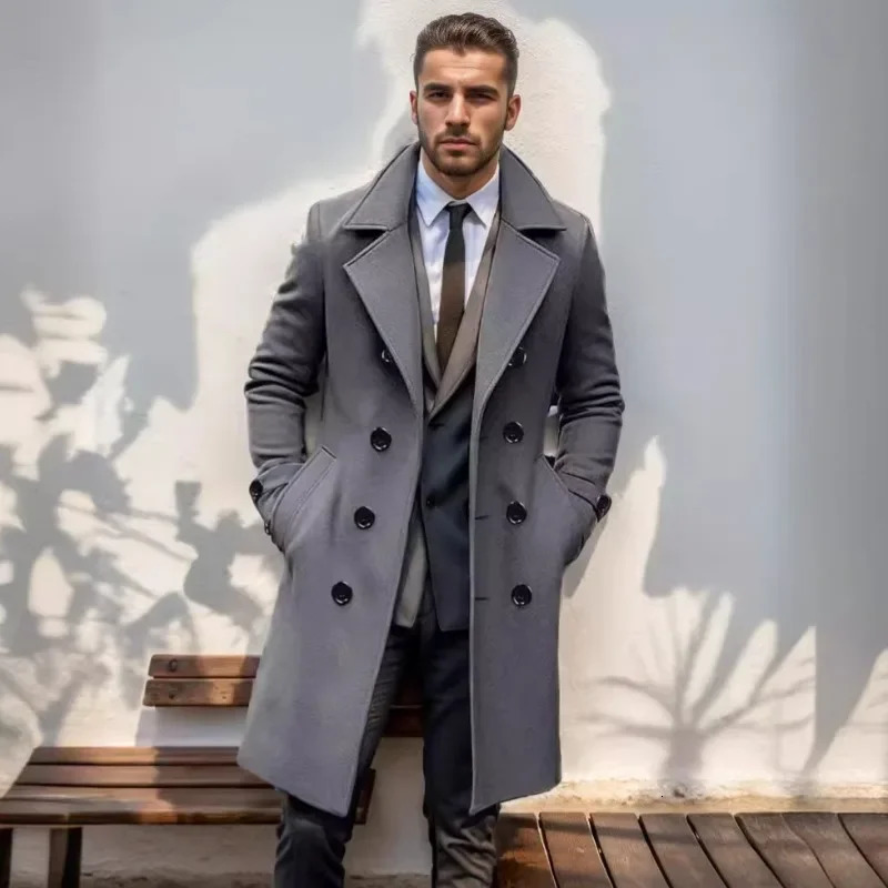 2024 Autumn and Winter High-quality Thick Long Double Breasted Mens Woolen Coat Slim Fit Woolen Coat 241104