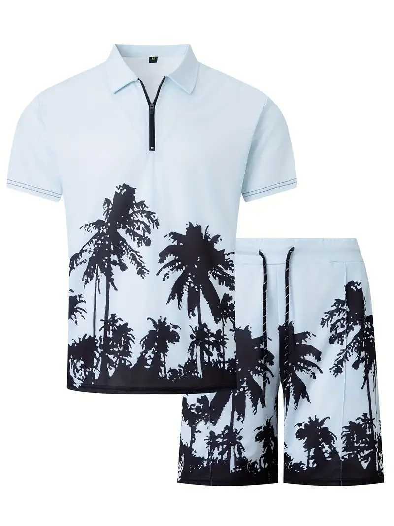 Mens 3D printed coconut Tr pattern zipper shirt+shorts 2-piece neutral fashion casual simple matching style clothing W241104