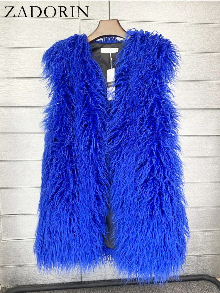 ZADORIN Fashion Winter 75cm Long Fluffy Faux Fur Vest Women Colorful Faux Mongolia Sheep Fur Gilet Fur Jackets Women Coats 241105