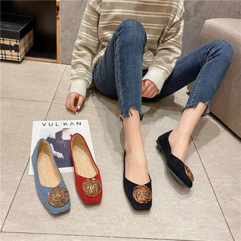 Soft Soled Comfortable Plus Size Scoop For Women 2023 New Korean Version Suede Cover Feet Flat Bean Shoes Square Toe Shallow Mouth Single Shoe