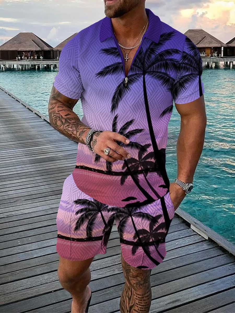 Hawaiian Coconut Tree Print Mens Sets Fashion Zip Polo Short Sleeve Top + Shorts Outfit Summer Beach Vacation Oversized Tee Suit W250609