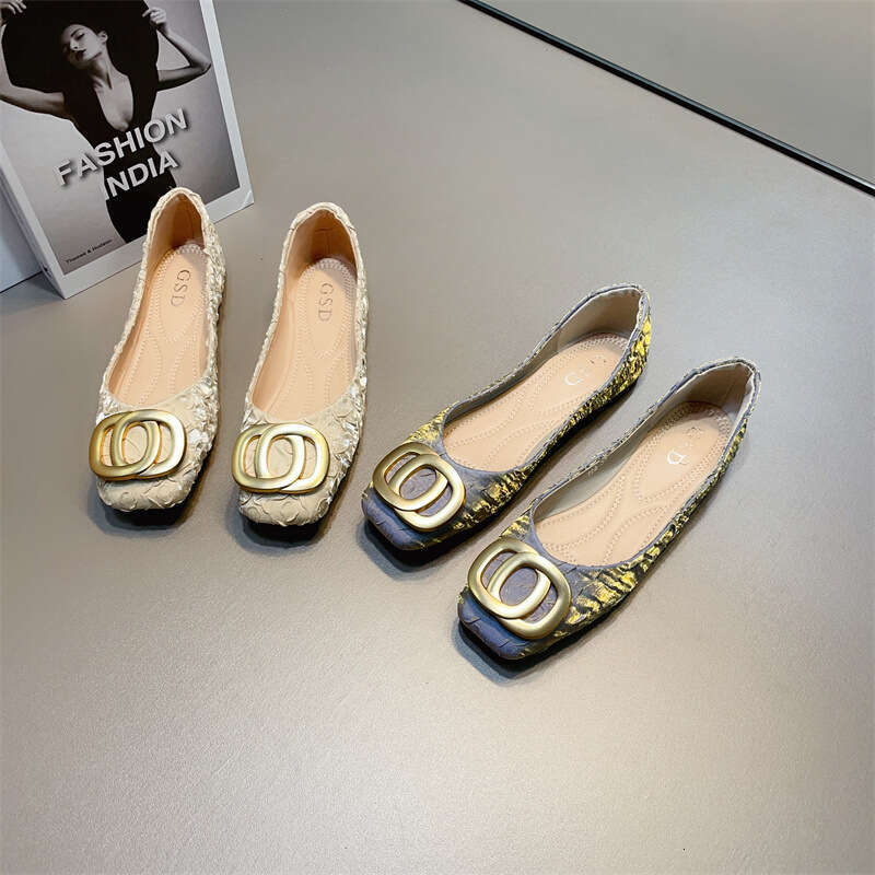 Evening Breeze Shallow Mouth Single Women's Korean Edition Spring And Summer New Style Metal Buckle Folded Silk Square Head Soft Bottom Flat Heel
