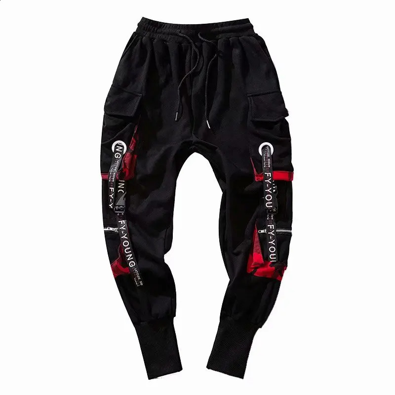 Mens Cargo Pants Casual Hip Hop Hit Color Multiple Pockets Trousers Streetwear Ribbons Techwear Sweatpants 241105