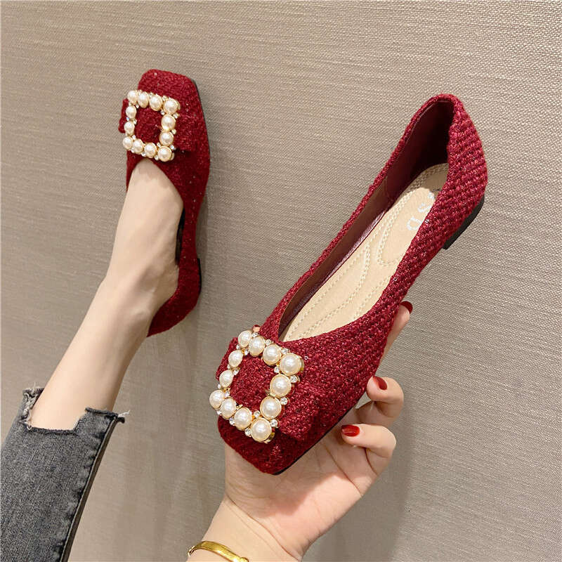 2023 Spring New Cloth Face Daily Versatile Square Head Shallow Mouth Large Flat Follow Women's Scoop Shoes