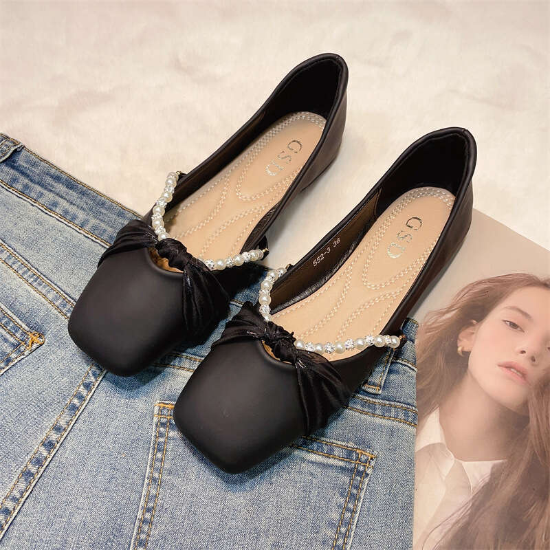Fairy Style Evening For Women Korean Version Spring/Summer New Item Beaded Square Toe Shallow Mouth Leather Soft Sole French Women's Singles Shoe