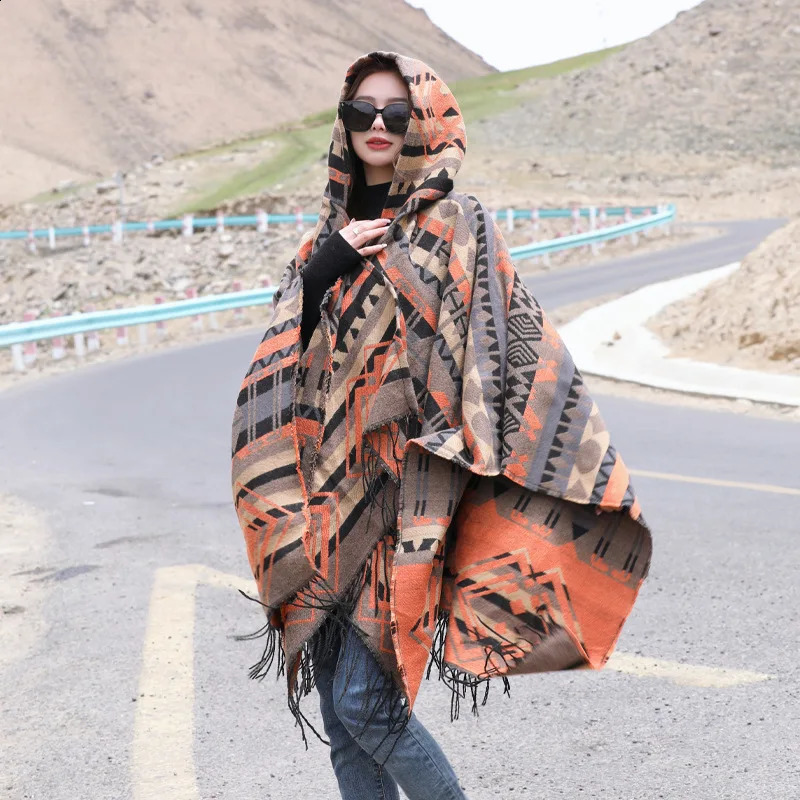 WeHelloAutumn and Winter Shawl Womens Cashmere Warm Bohemian Ethnic Style Hat Cloak Travel 241105