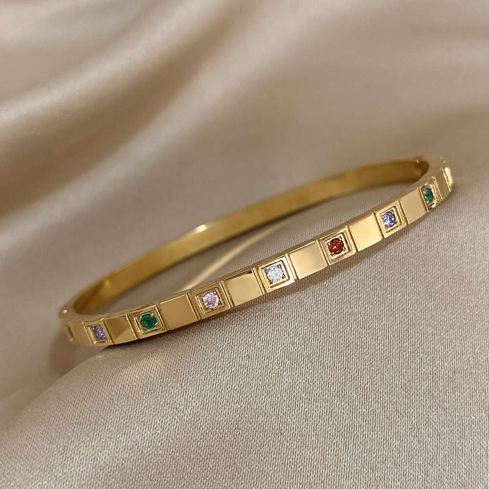 Stainless Chic 316L Fashion Jewelry Hot New Steel Bracelets for Women Romantic Inlaid Colorful Zircon Block Gold Plated Cuff Bangle Charm Jewelry Gift