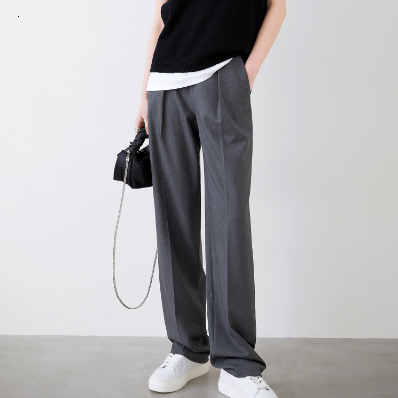 Autumn And Winter Women's Tailored Fashion Simple Senior Commuter Loose Straight Trousers Casual Wide-Legged Pants