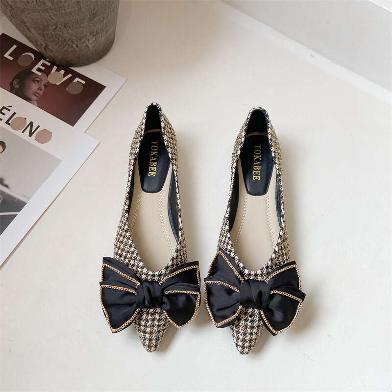 2023 Spring/Summer New Ladies And Fairies Evening Wind Pointed Flat Bottom Shallow Mouth Bow Knot Water Diamond Inner Elevated Single Shoes