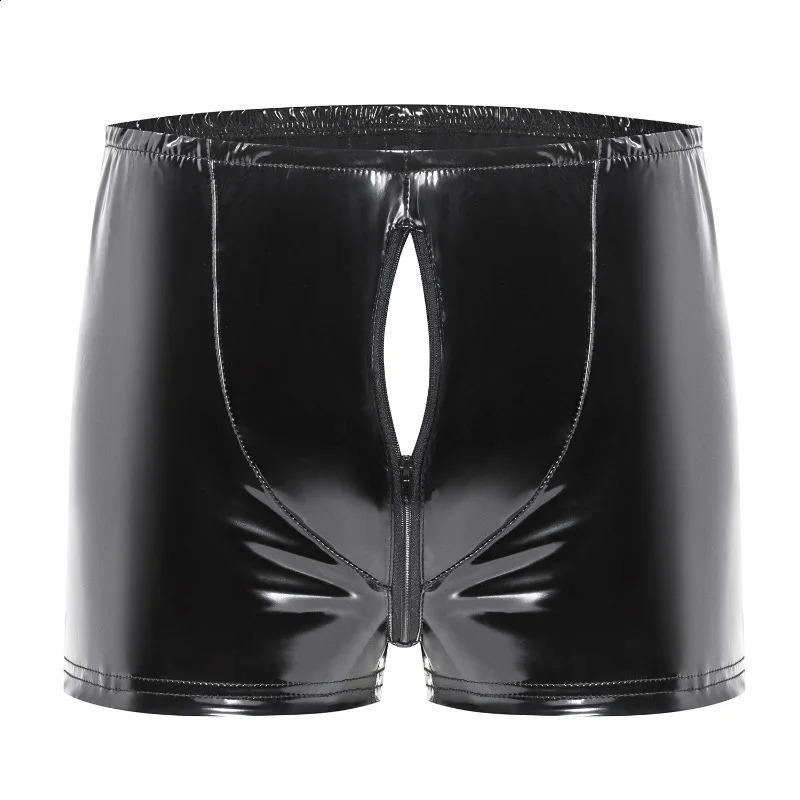 Sexy Zipper Boxer Man Underwear PVC Faux Leather Briefs Gay Rear hollow Shorts Black Wetlook Male Performance Underpants 241105