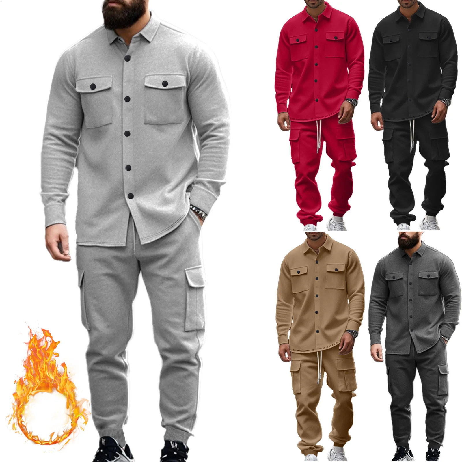 American Mens Jacket Heavyweight Pure Color Velvet Workwear Outdoor Tactical Hunting Lapel Jacket Suit Loose Warm Mens Clothes Two-Piece Set 241105