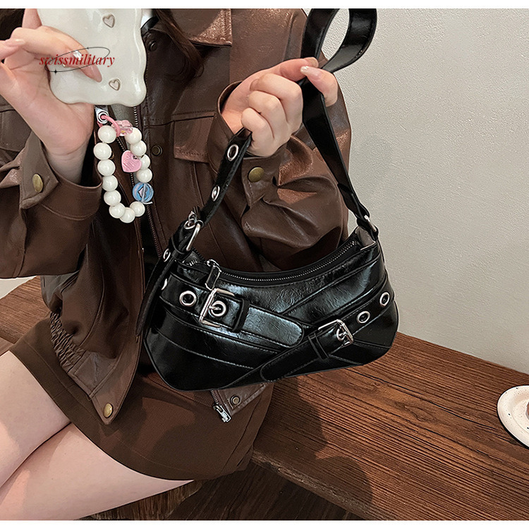 Fashionable motorcycle women's trendy high-end texture, sweet cool spicy girl shoulder bag, minimalist and charming armpit bag #30 swissmilitary