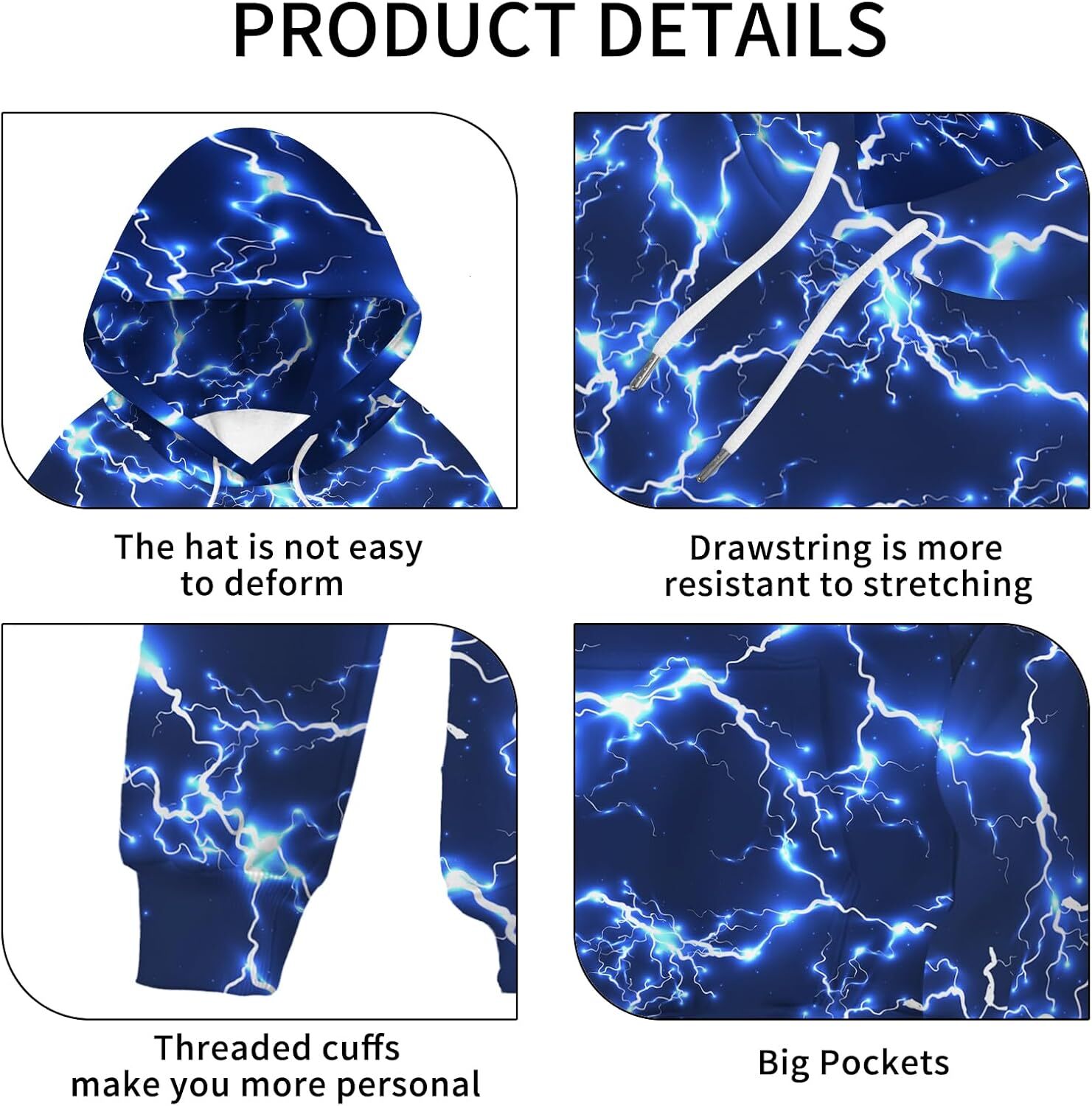 Hoodie for Mens Womens Unisex New Mens Novelty Hoodies Cool Lightning Graphic Hoody Pullover Hooded Sweatshirts Graphic dark blue
