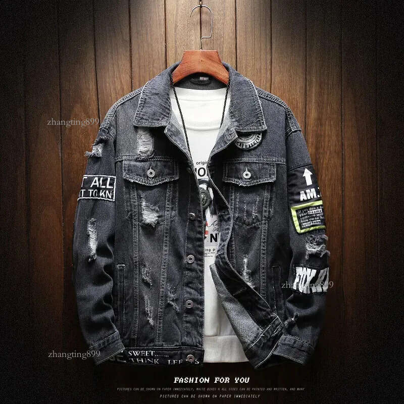 Men Denim Jacket Streetwear Vintage Hole Jeans Coats Outwear Spring Autumn Loose Casual Jean Jackets Hip Hop Fashion Jacket Men 240816
