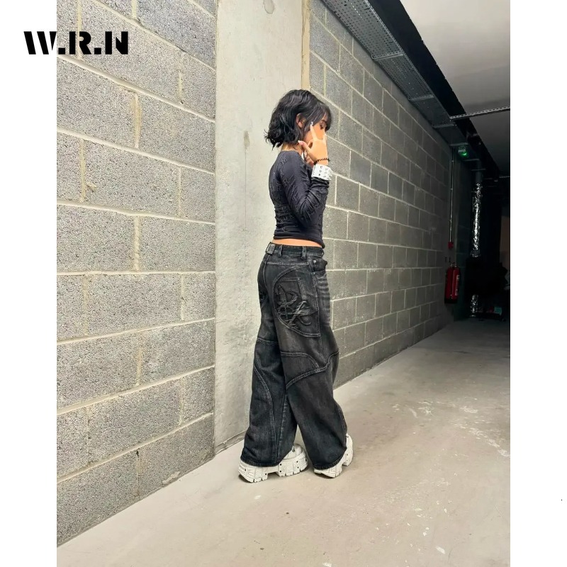 Unisex Retro Streetwear Washed Loose Women's Haruku Trendy High Waisted Jeans Emo Punk Y2k Wide Leg Pant
