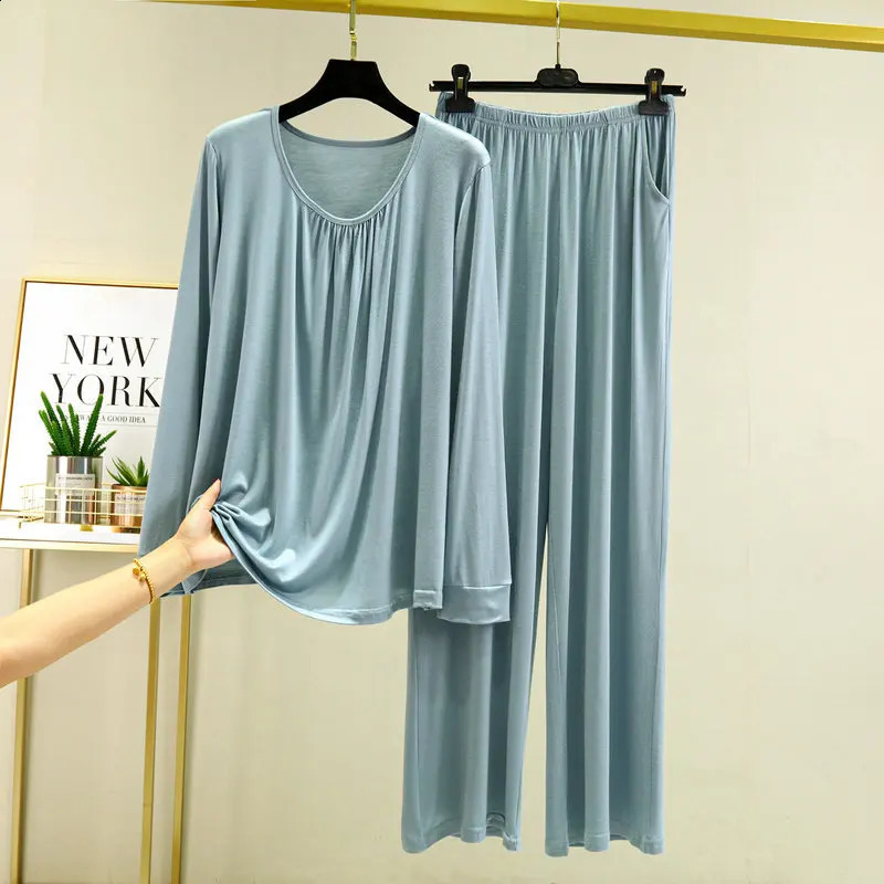 Modal Loose Home Service Womens Long-Sleeved Blouse Plus Size Casual Pants Suit Spring and Autumn Thin Pajamas 2-Piece Suit 241105