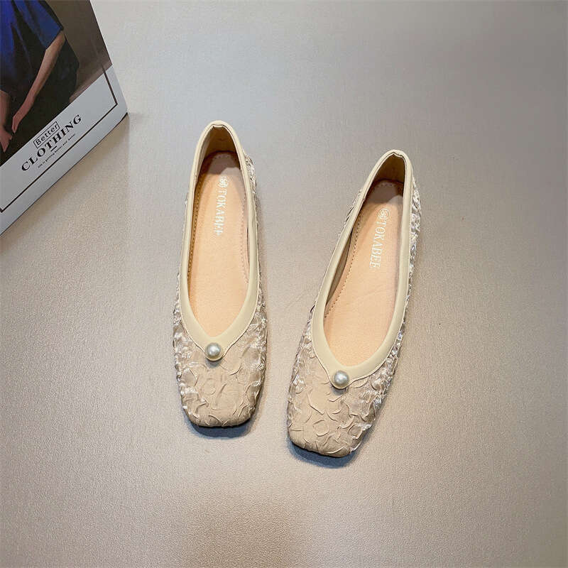 Pearl Decoration Shallow Mouth Low Heel Silk Single For Women's Spring And Summer New Korean Version, One Foot Soft Sole Square Toe Versatile Sco
