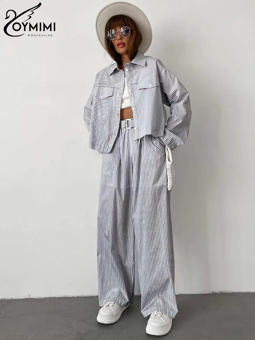 Oymimi Elegant Blue Print Striped Sets For Women 2 Pieces Fashion Lapel Long Sleeve Pockets Shirts And Straight Pants Female Set 241105