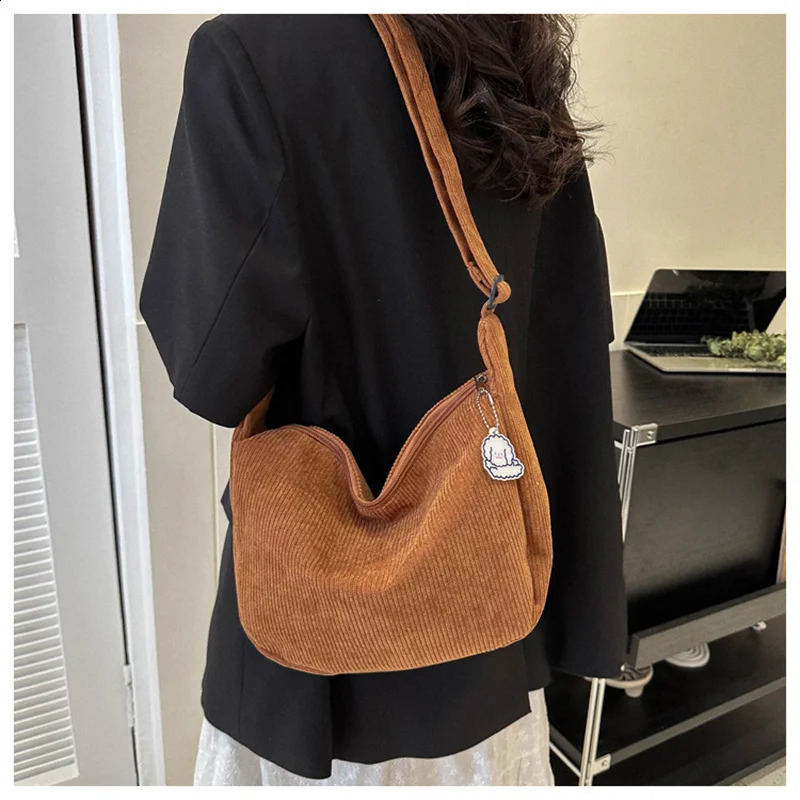 ISKYBOB Large Capacity Corduroy Cross Body Bag Fashion Womens Shoulder Messenger Bag Solid Color Wallet Handbag 241105