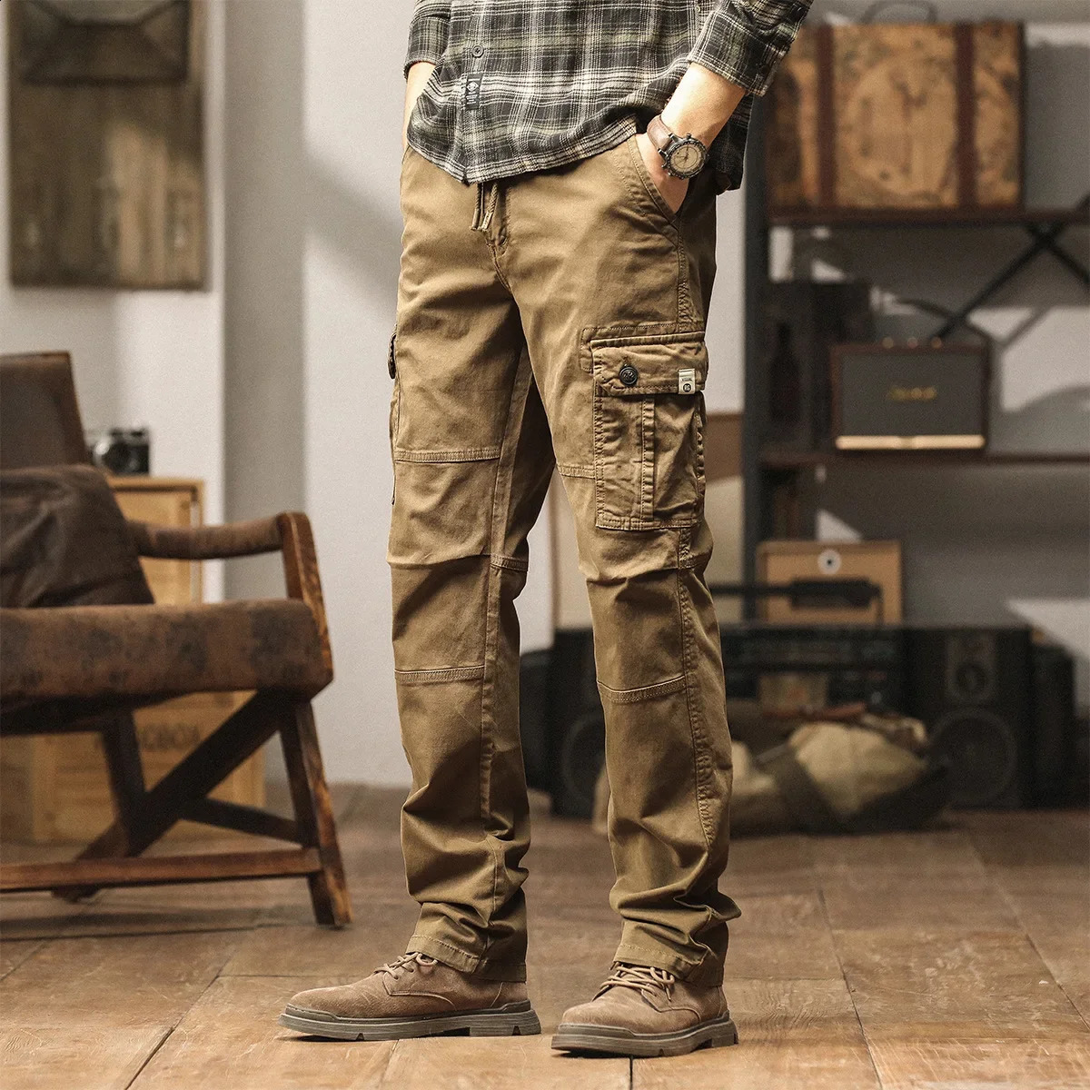 in Men Cargo Pants Straight Leg Cotton Casual Trouser Male Elastic Waist Stretch Side Pocket Safari Style Autumn Black 241105