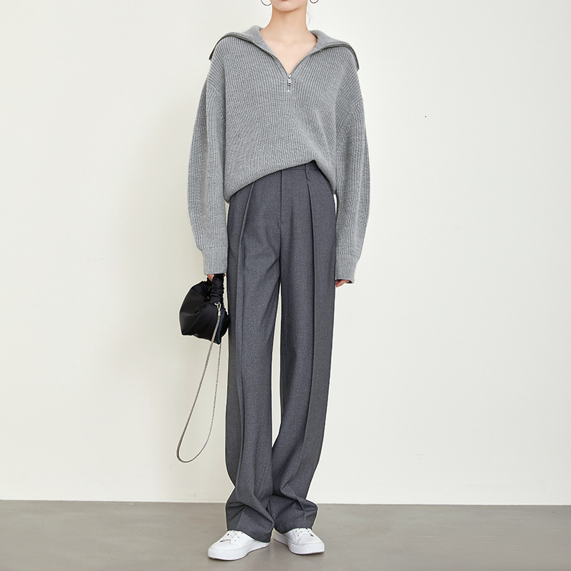 Autumn And Winter Women's Tailored Fashion Simple Senior Commuter Loose Straight Trousers Casual Wide-Legged Pants