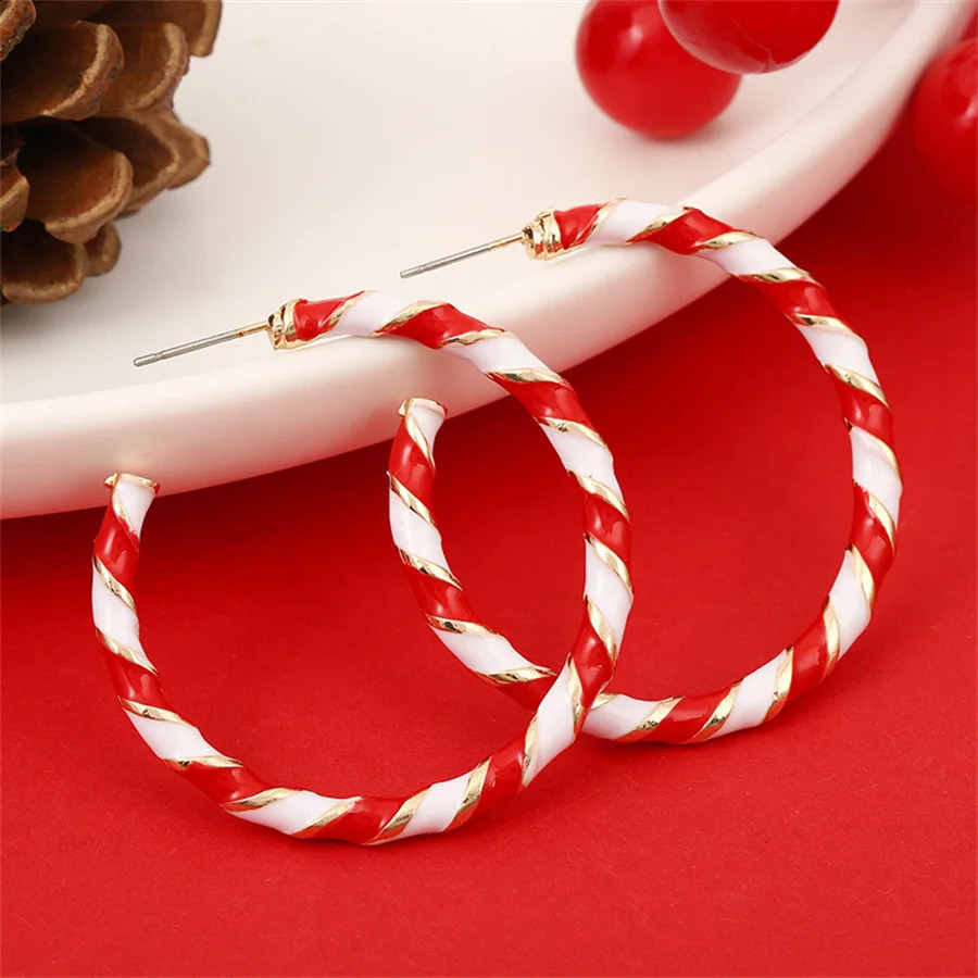 1 Pair Cute Circle Candy Cane Alloy Earrings Christmas Nordic Style Red Color Santa Jewelry Accessories 241105
