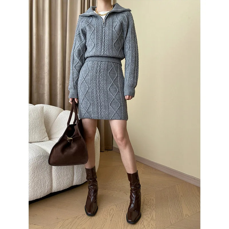 Women's Suit Fashion Commuter Solid Color High Quality Lapel Twist Knitted Pullover Sweater Mini Skirt 2Pcs Matching Set