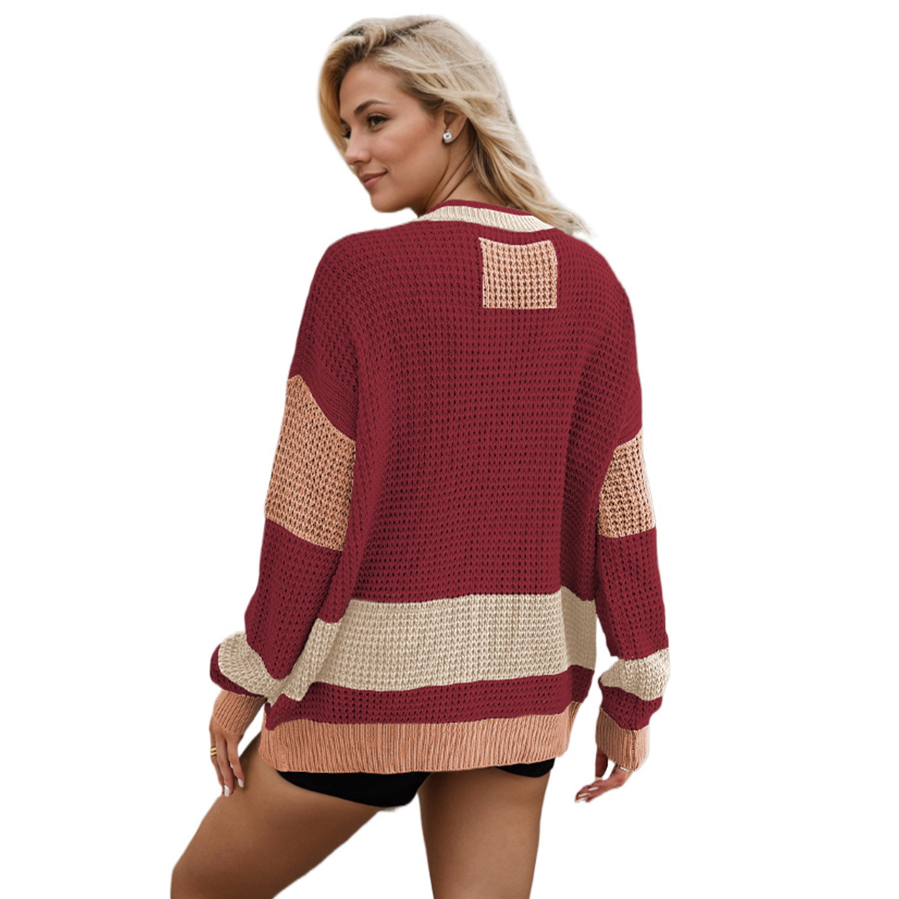 Women's New Autumn And Winter Knitted Jacket V-Neck Plus Size Pocket Color Blocked Cardigan Sweater For Women