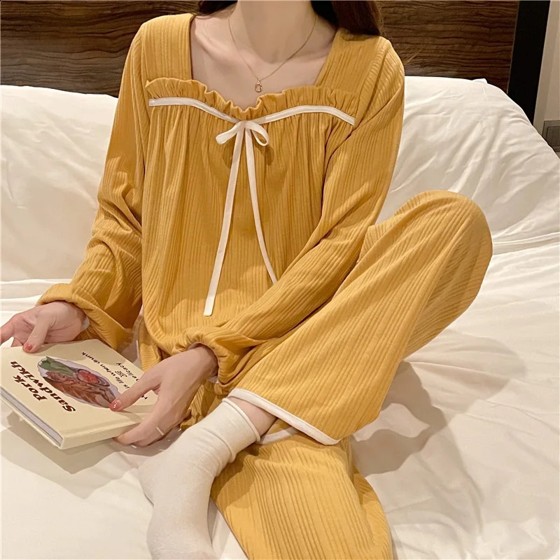 Womens Spring and Autumn Pajamas Set Womens Long-Sleeved Long Trousers Pajamas Homewear Sweet Leisure Homewear Loose Set 241105