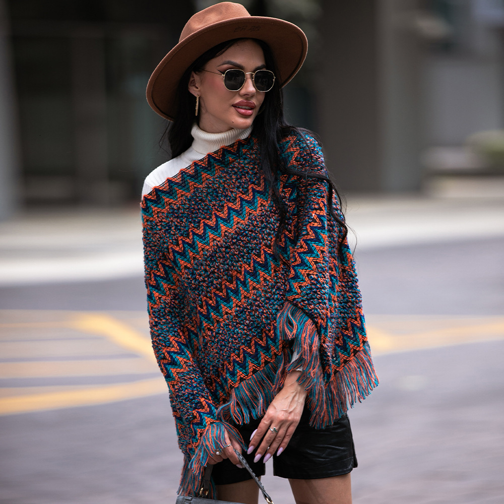 Collar Cape Type Diagonal Grid Fringe Women Pullover Shawl Knitted Sweater women Sweaters Autumn Fashion Casual Loose Thick Harajuku Streetwear Knitwe