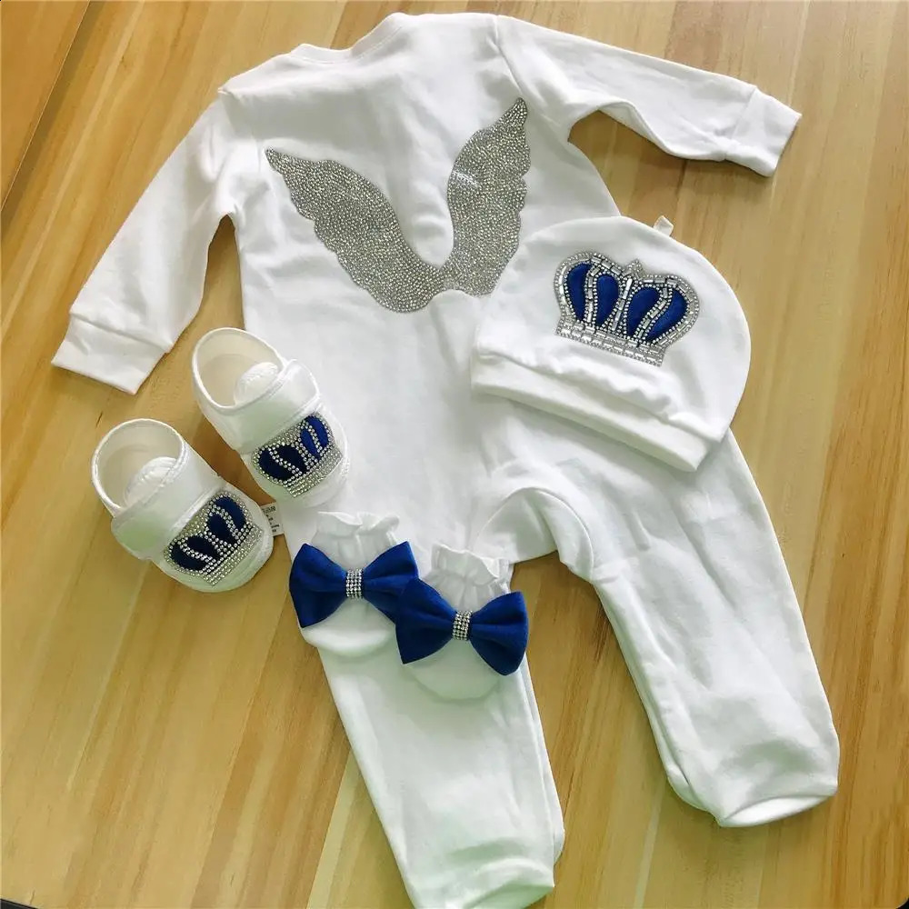 Baby Hoodies Girls Boys Baby Cotton Clothing 4pcs Set Hats Shoes Gloves Welcome Life Crown Jewelry Angel Wings Pajamas 241105