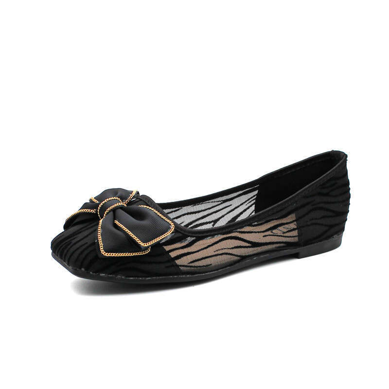 Spring And Autumn Mesh Adhesive Super Fiber Daily Black Low Top Square Head Heel Solid Color Flat Bottom Shoes