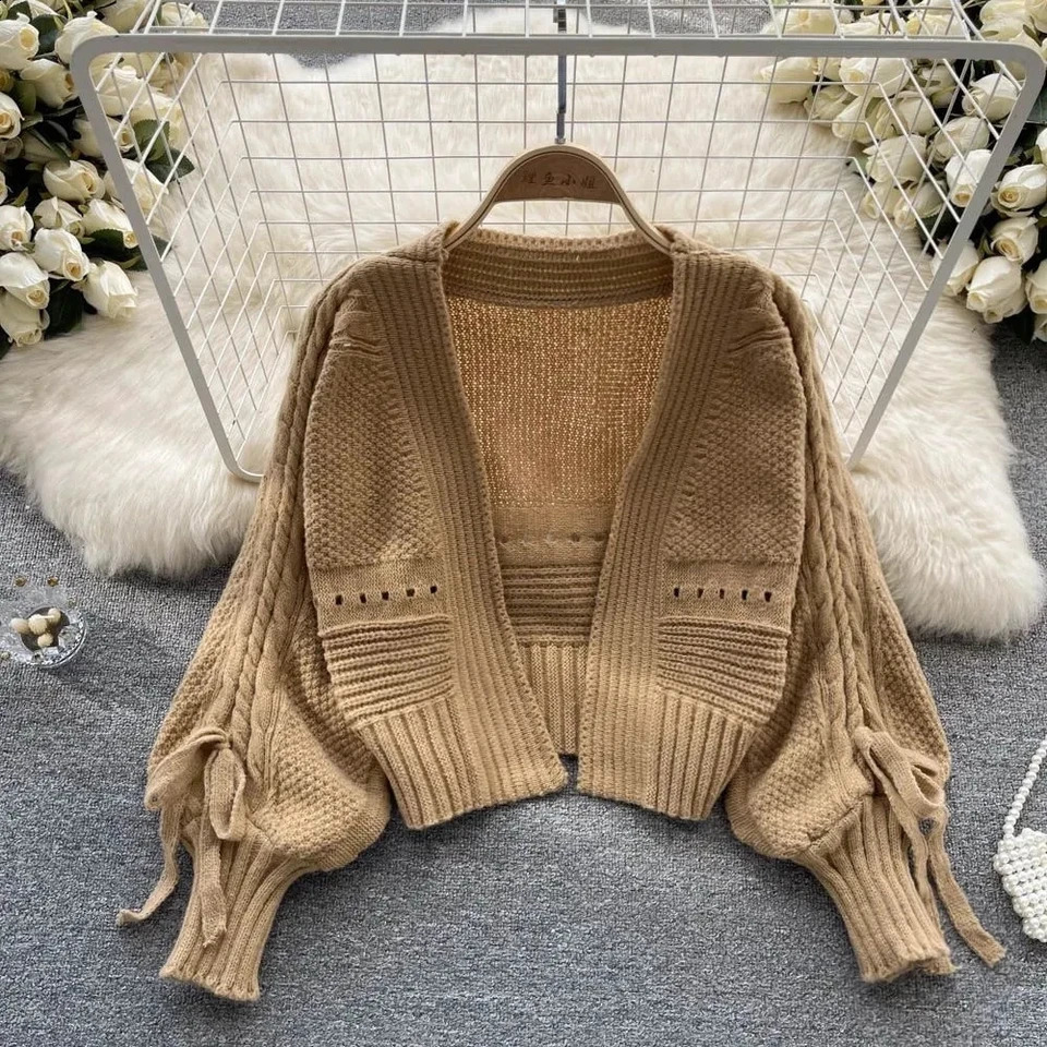 Green Casual Acrylic Knit VNeck Lantern Long Sleeve Lace Up Womens Cardigan Sweater Short For Women Clothing 2024 241105