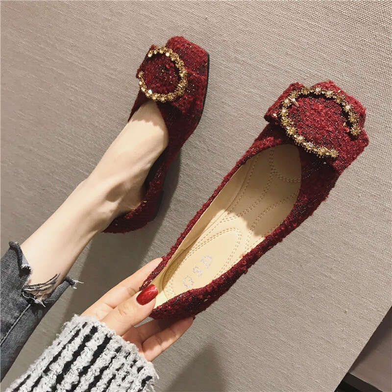 2023 Spring And Summer New Korean Versatile Square Head Water Diamond Button Red Wedding Women's Toast Dress Flat Follow Shoes