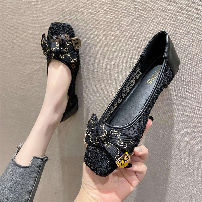 2023 Summer Mesh Sandals Square Head Bow Hollow Breathable Flat Shallow Mouth Fairy Women's Shoes